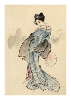 Woman, Full-Length Portrait, Standing, Facing Left, Holding Fan in Right Hand, Wearing Kimono with - фото 1
