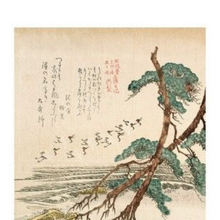 Coastal Landscape with Pine Trees and Flying Cranes