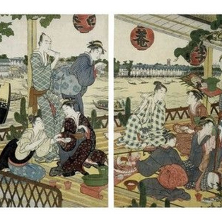 Diptych Society on the Veranda of the Tea House on the Banks of the Sumida River in Nakasu, 1787-178